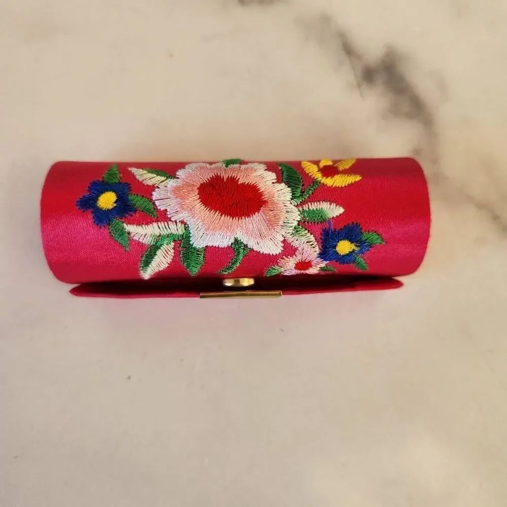 Mexican floral embroidered hot pink lipstick case excellent condition mini mirro